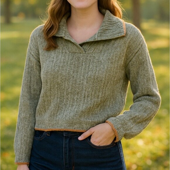 Illa Illa Stone Washed Collared Cable Knit Cropped Sweater S - Picture 1 of 4